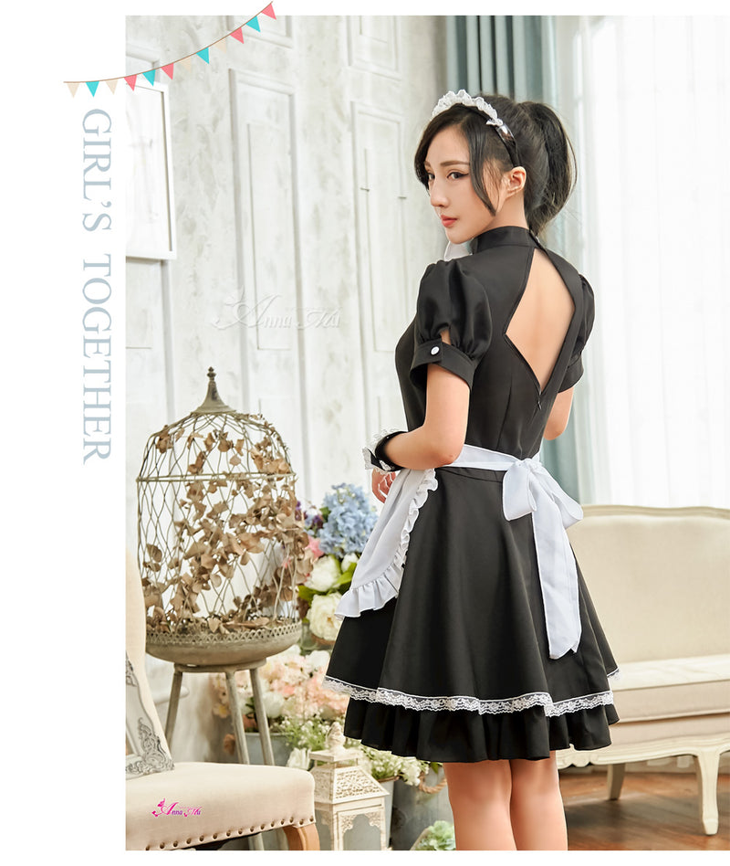 Lingeriecats Sexy Halloween Seductive French Maid 4 Piece Black and White Dress with Bowtie - LingerieCats