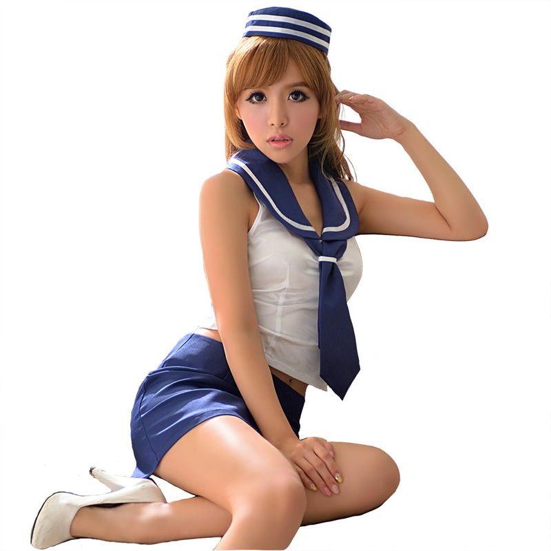 LINGERIECATS Navy Blue white Lace-up Sexy Back 4pcs Sailor Costume … - LingerieCats