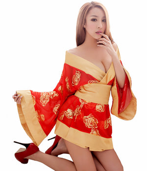LINGERIECATS Sexy Golden Rose 3pcs Japanese Kimono Cosplay Costume Set - LingerieCats