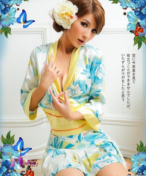 Cute Japanese Kimono Costume Flower Patterned Blue - LingerieCats