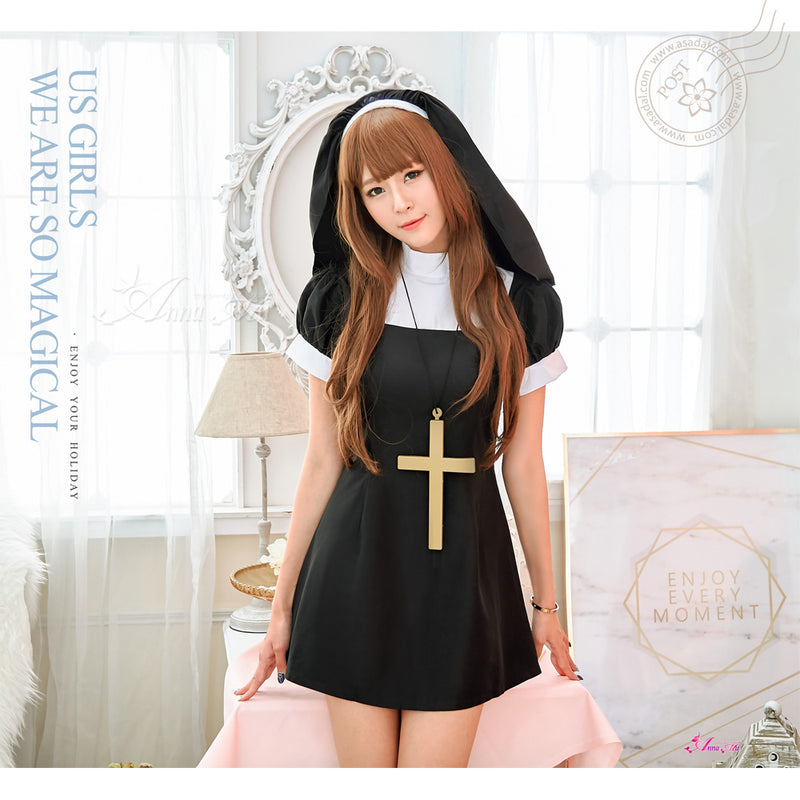 Lingeriecats Halloween Women Sexy Sister Nun Roleplay Holy Religious Fancy Dress Outfit Costume - Black - LingerieCats