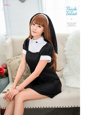 Lingeriecats Halloween Women Sexy Sister Nun Roleplay Holy Religious Fancy Dress Outfit Costume - Black - LingerieCats