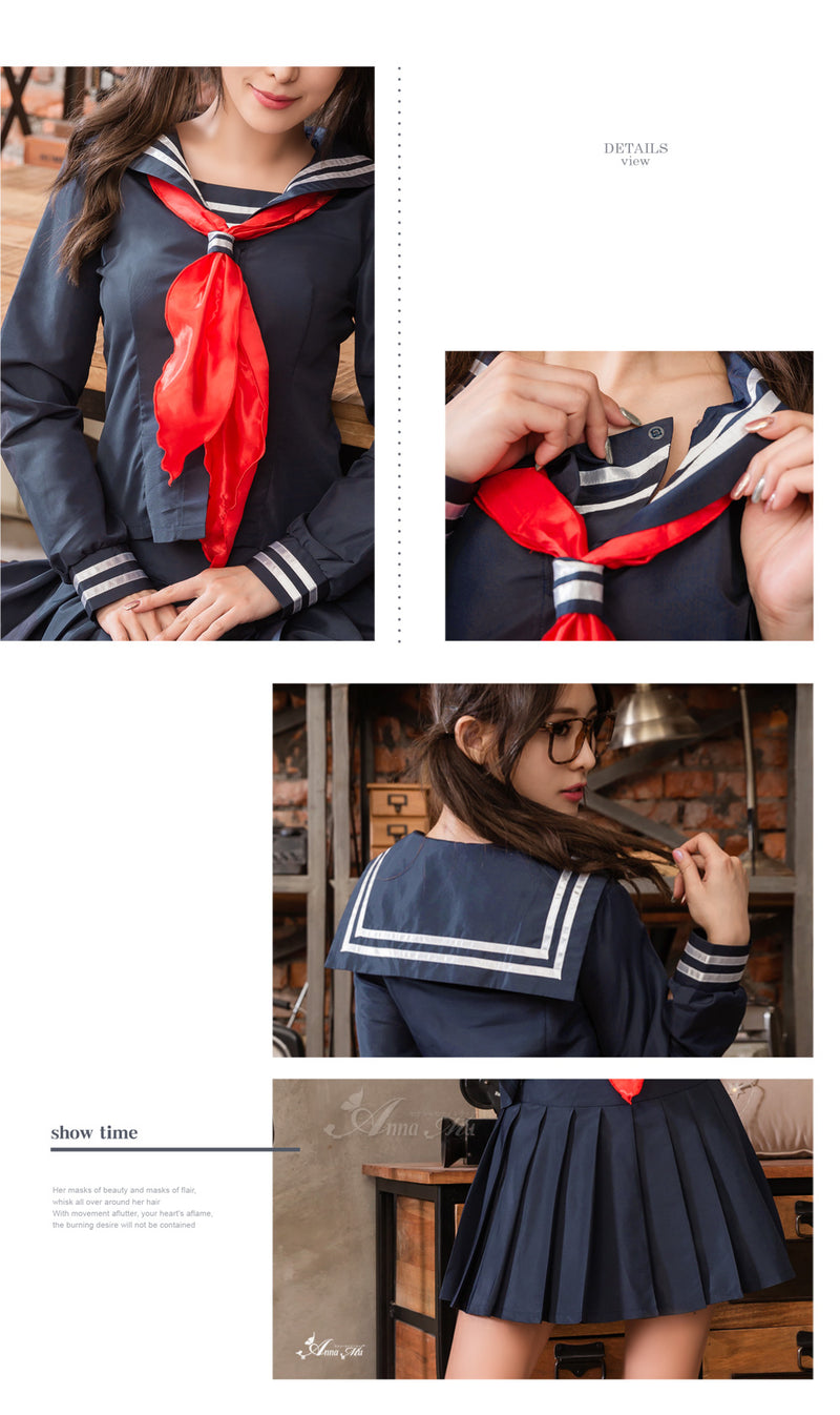 Lingeriecats Halloween Classic Blue School Student Girl Uniform with Red tie in 3 Pieces. - LingerieCats
