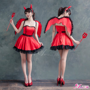 Lingeriecats Halloween Sexy Cute Hot Red Devil Demon 4-Pieces Costume For Girl - with Wings - LingerieCats