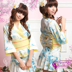 Cute Japanese Kimono Costume Flower Patterned Blue