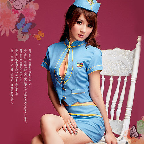 Lingeriecats Sexy Sky-Blue stylish air-hostess outfit cosplay costume set. - LingerieCats