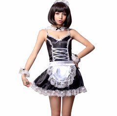 LINGERIECATS Black with White Lace 5pcs sexy Maid Cosplay Costume Set  (Free Sport Pant Gift)