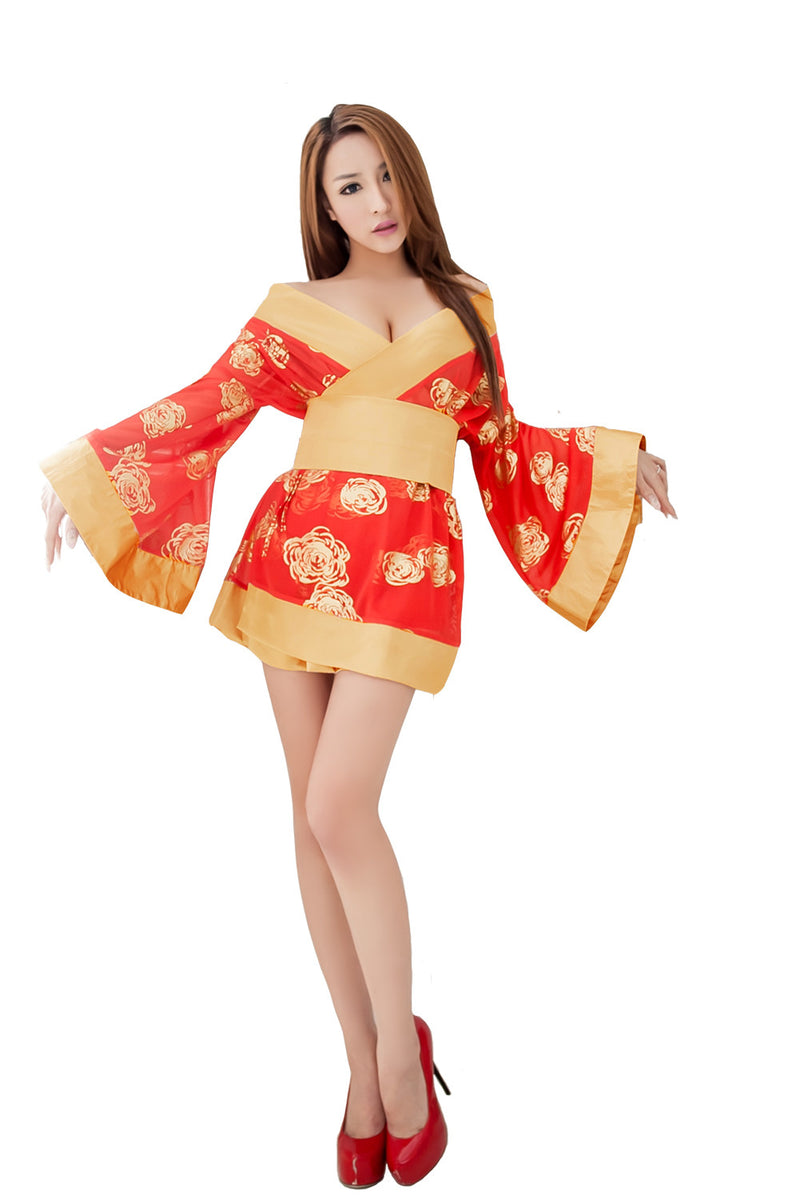 LINGERIECATS Sexy Golden Rose 3pcs Japanese Kimono Cosplay Costume Set - LingerieCats