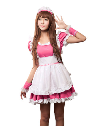LINGERIECATS Rose Merry Pink 4pcs Cherry Maid Outfit Cosplay Costume Set (Free Sport Pant Gift) - LingerieCats