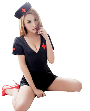 LINGERIECATS Sexy Expose Back-side Black 3pcs Nurse Cosplay Costume Set - LingerieCats