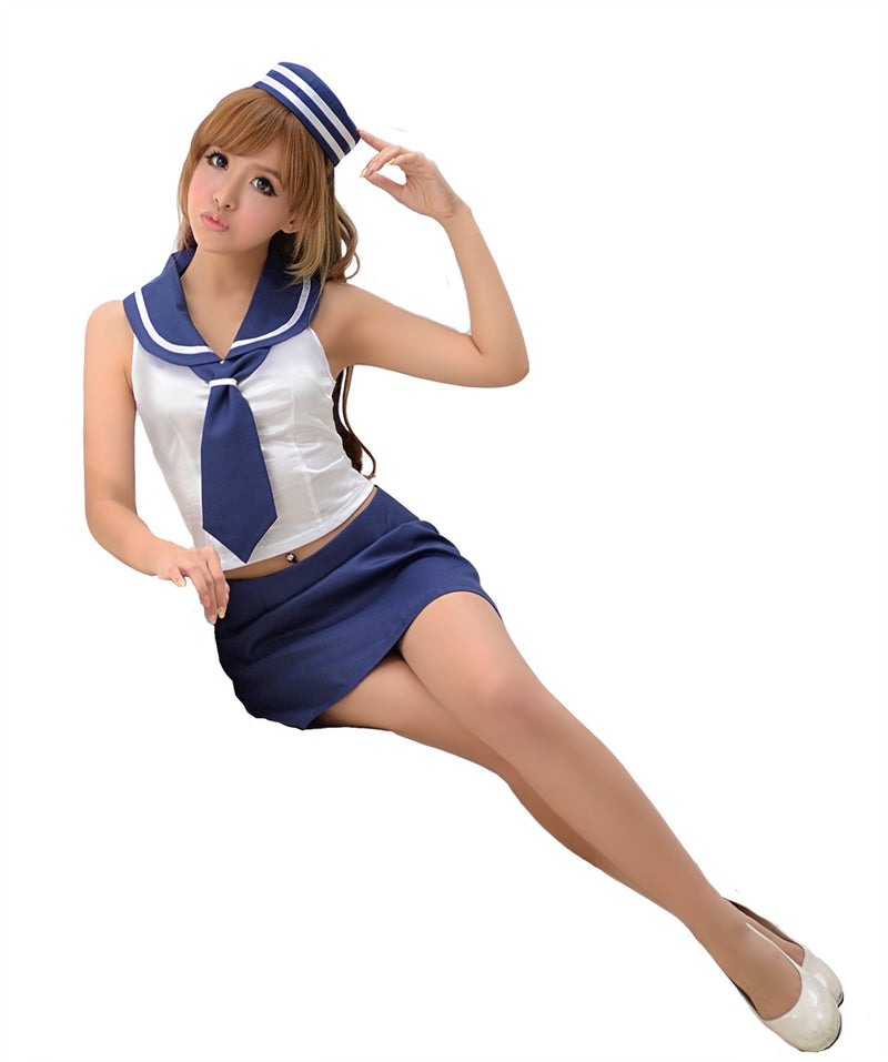 LINGERIECATS Navy Blue white Lace-up Sexy Back 4pcs Sailor Costume … - LingerieCats