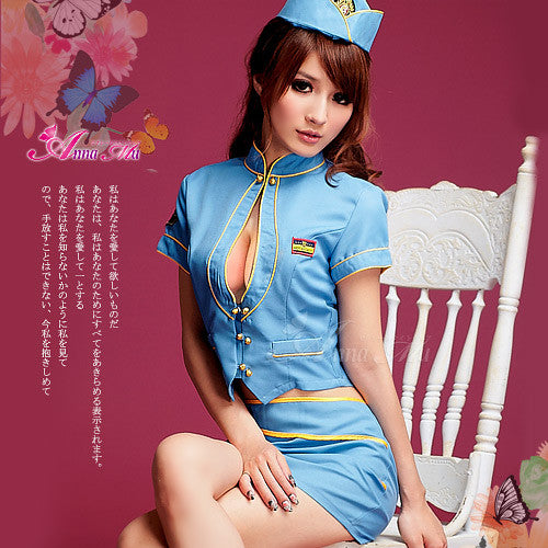 Lingeriecats Sexy Sky-Blue stylish air-hostess outfit cosplay costume set. - LingerieCats