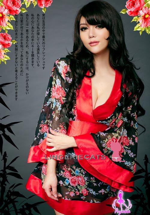 LINGERIECATS brand Love Blossom Red and Black Kimono 2 Pcs Costume - LingerieCats