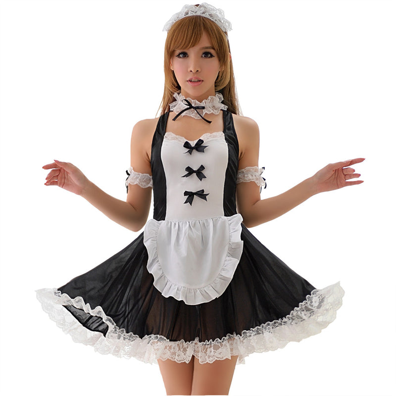 LINGERIECATS Black and White Bow Knots Lace Halter 4pcs Maid Costume Set - LingerieCats