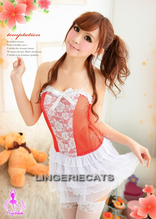 Red Hot 5 Pcs Babydoll Set with Stocking - LingerieCats