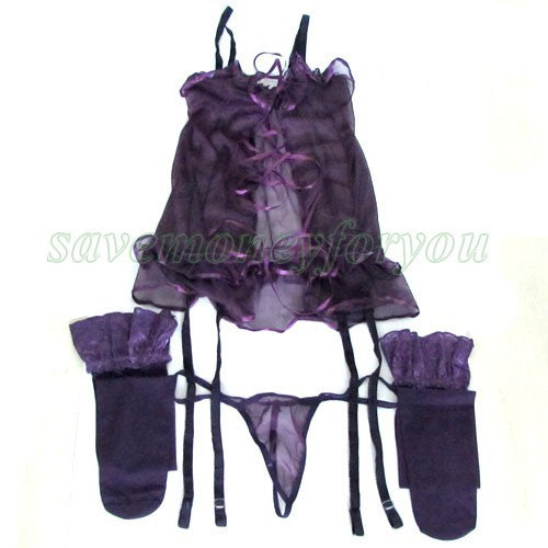Hot Sexy Purple Lingerie Skirt with Stocking 3 Set - LingerieCats