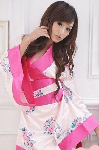 White/Pink Japanese Kimono Lingerie Robe - LingerieCats