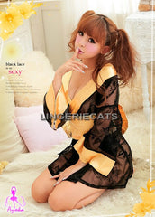 Lingeriecats Sexy See-through Black Elegant Lace Sheer Kimono 3Pcs Costume with Golden Obi