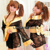 Lingeriecats Sexy See-through Black Elegant Lace Sheer Kimono 3Pcs Costume with Golden Obi