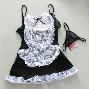 Sexy Black Maid Babydoll Costumes Lingerie Dress+G-string - LingerieCats