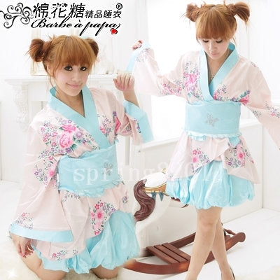 Sweet Blue/White Japanese Kimono Lingerie Robe - LingerieCats