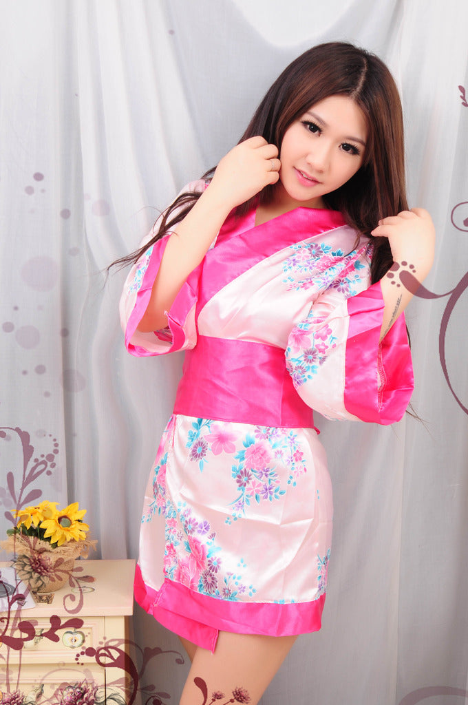 White/Pink Japanese Kimono Lingerie Robe - LingerieCats