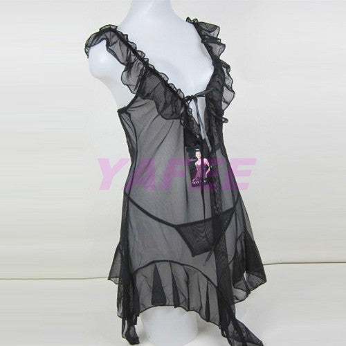 Sexy V-Shape Black Babydoll Lingerie Dress - LingerieCats